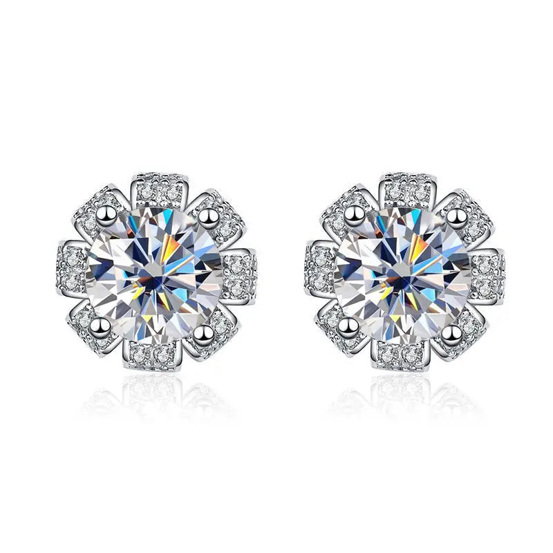 18K WHITE GOLD PLATED VVS1 DIAMOND MOISSANITE - 1CT FLOWER EARRINGS