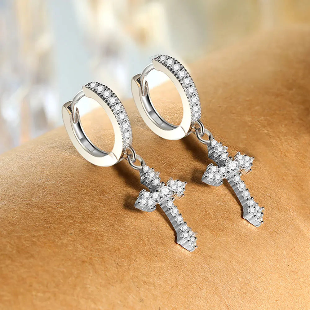 18K WHITE GOLD PLATED - CRUCIFIX EARRINGS