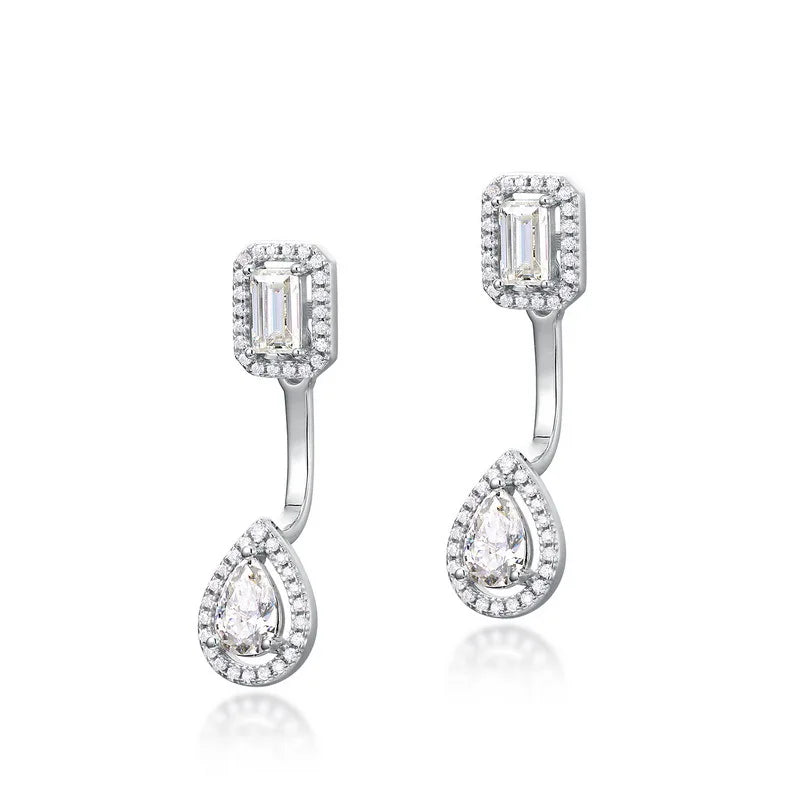 18K WHITE GOLD PLATED VVS1 DIAMOND MOISSANITE - EMERALD CUT EARRINGS