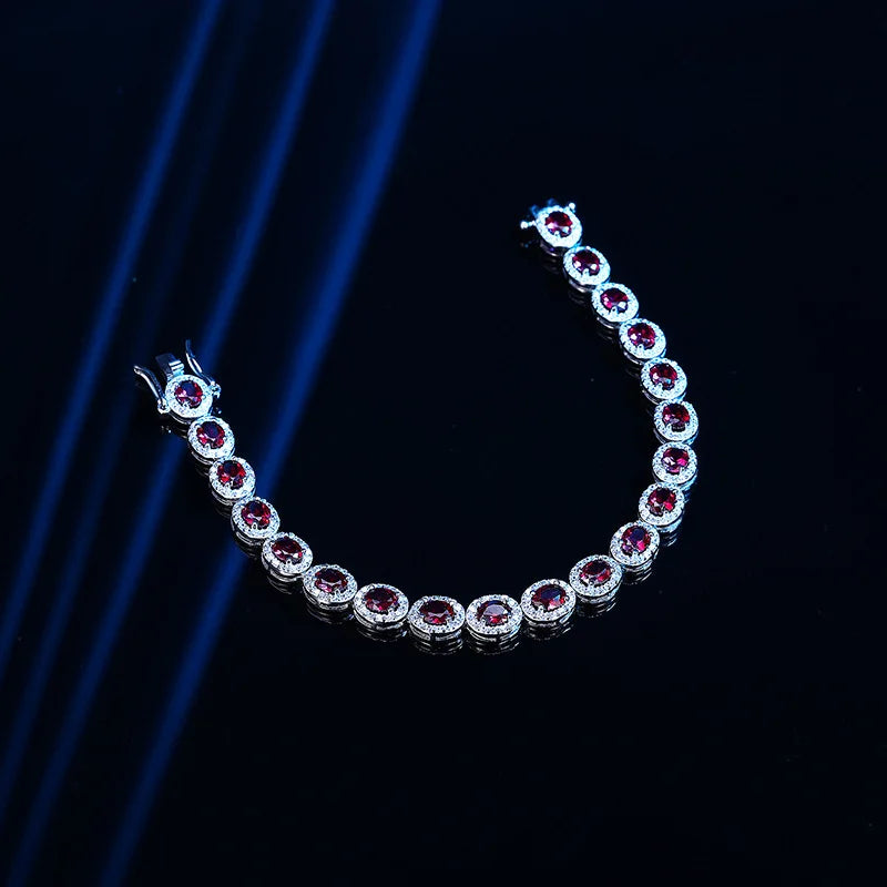 18K WHITE GOLD PLATED VVS1 MOISSANITE - RUBY OVAL BRACELET